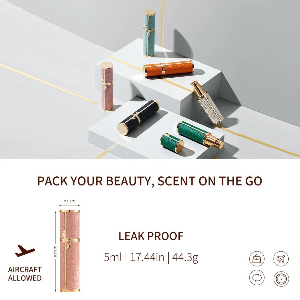 MAIRA'S COLLECTIONS Louischanzl 5ml refillable perfume atomizer bottle for travel, shown with sleek transparent design.