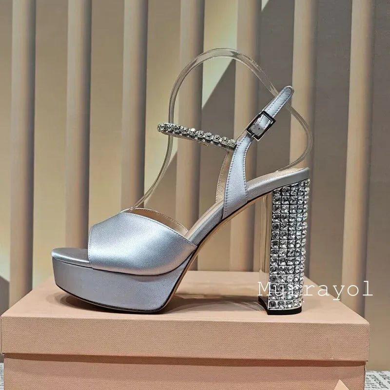 Women's satin platform high heel sandals with rhinestone embellishments by MAIRA'S COLLECTIONS, perfect for parties.
