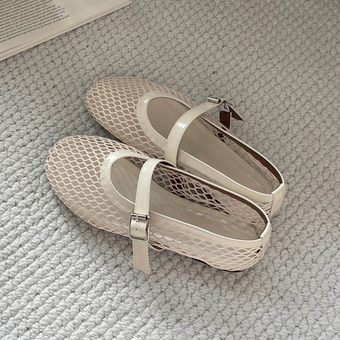 Eilyken mesh buckle flat sandals by MAIRA'S COLLECTIONS featuring breathable mesh straps and adjustable buckle closure.